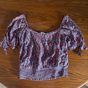 Nine Britton Blue and Orange Floral Puffed Sleeve Elastic Crop Top Tank Size S
